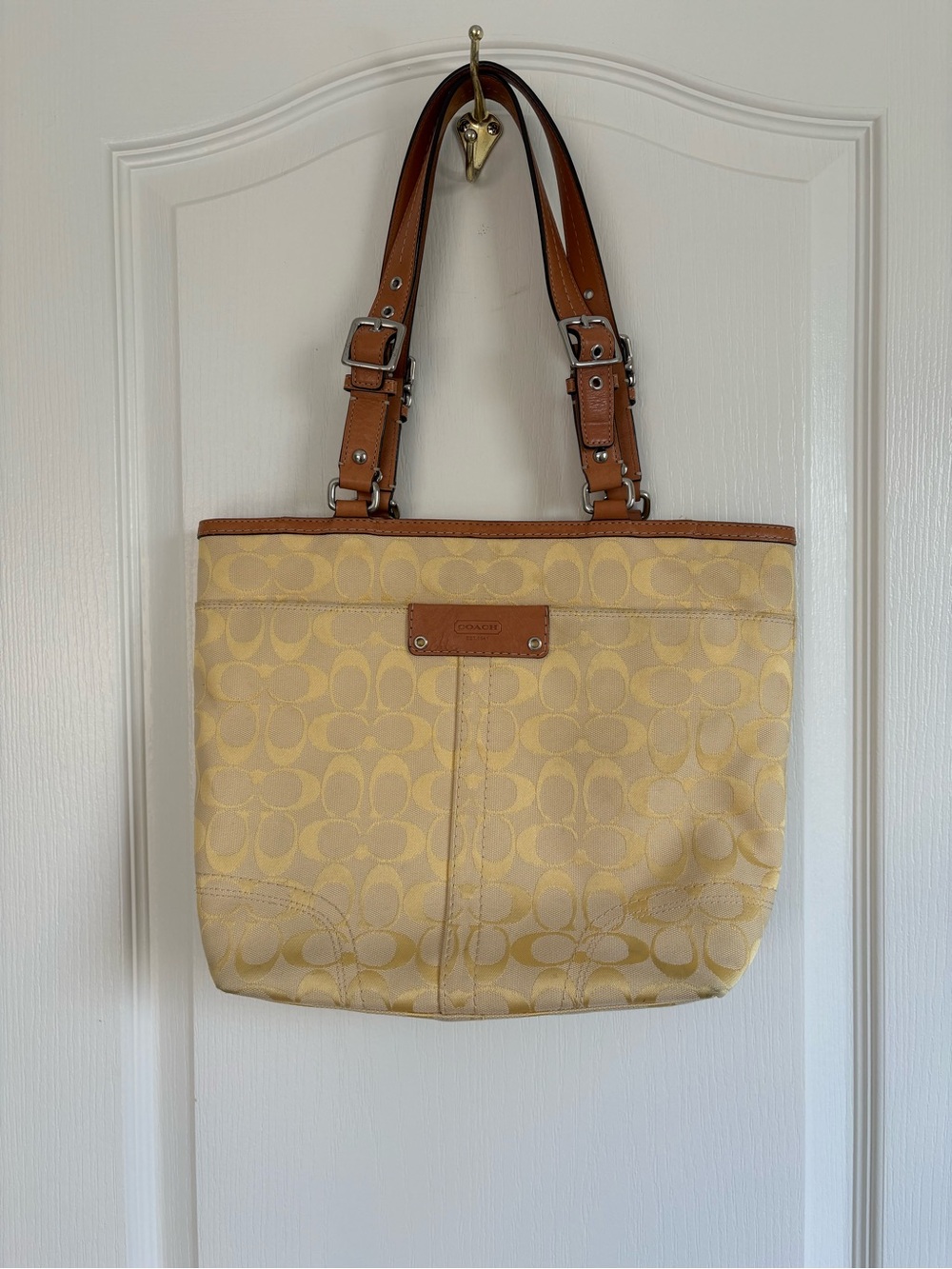Coach Butter Yellow Signature Tote with Tan Leather Straps